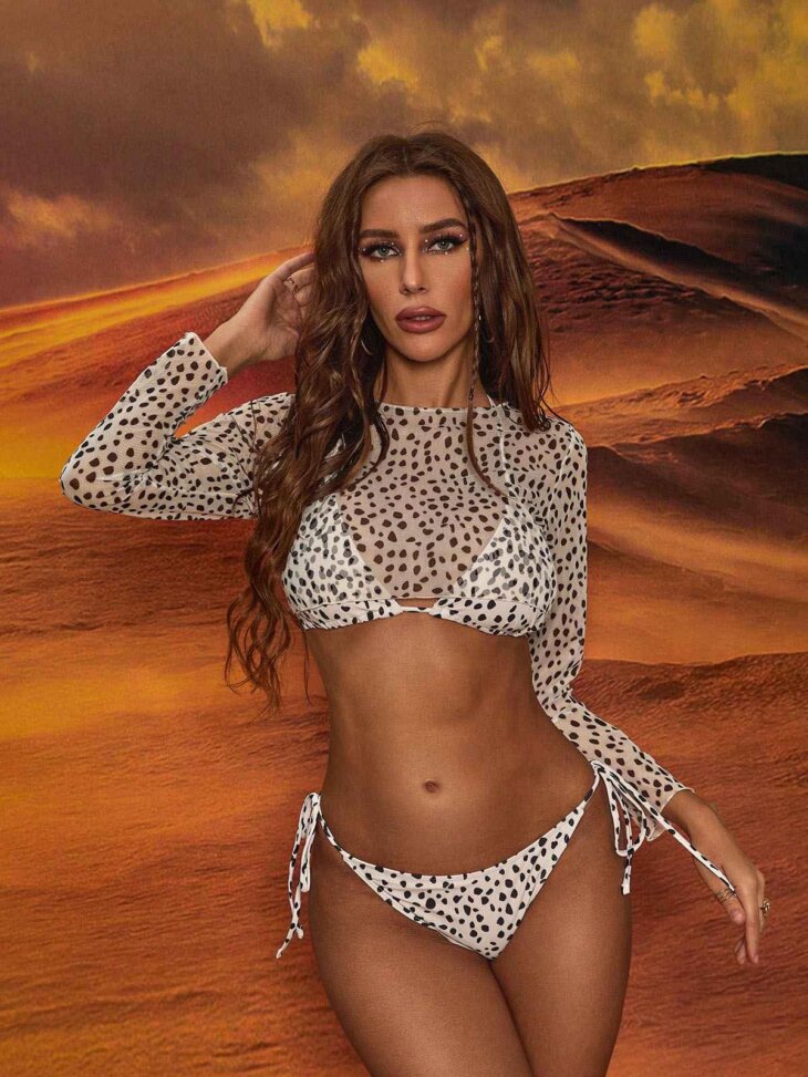 Raisa - Ensemble bikini trois pièces imprimé léopard - Kaki