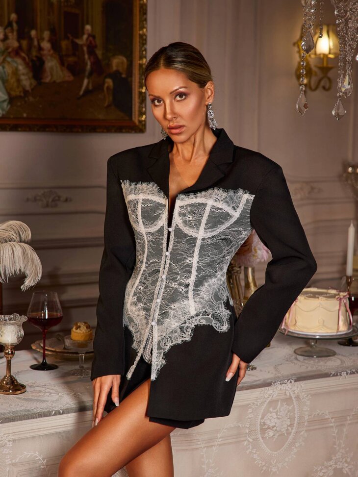 Blazer déstructuré à revers en dentelle noir – Image 4
