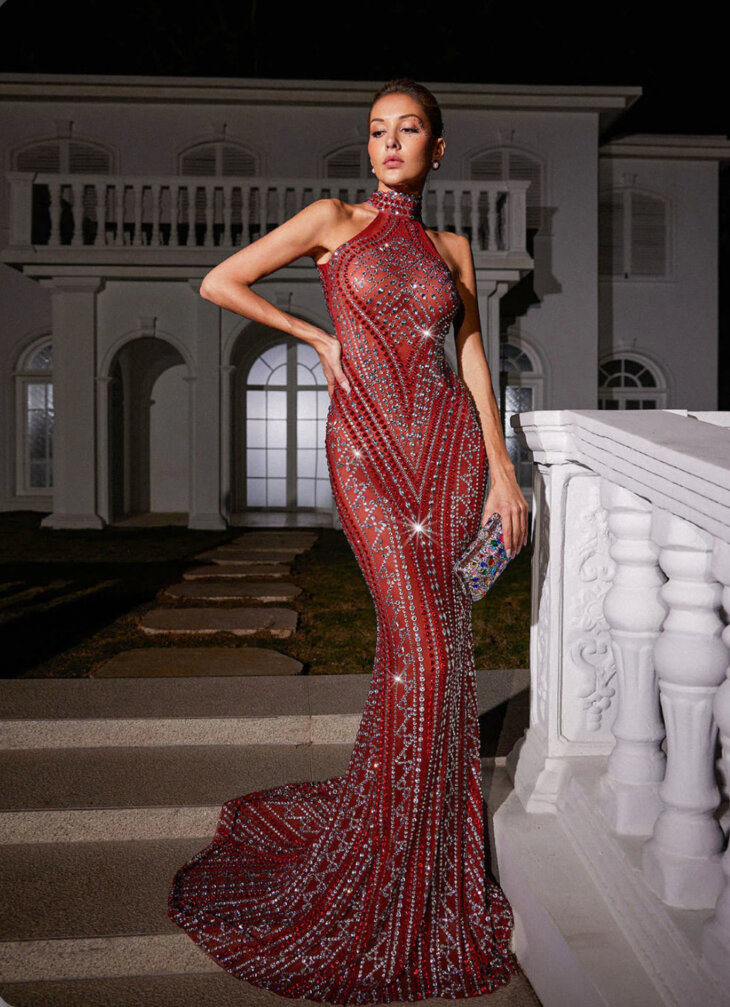 Robe longue en maille strassée sans manches Koa