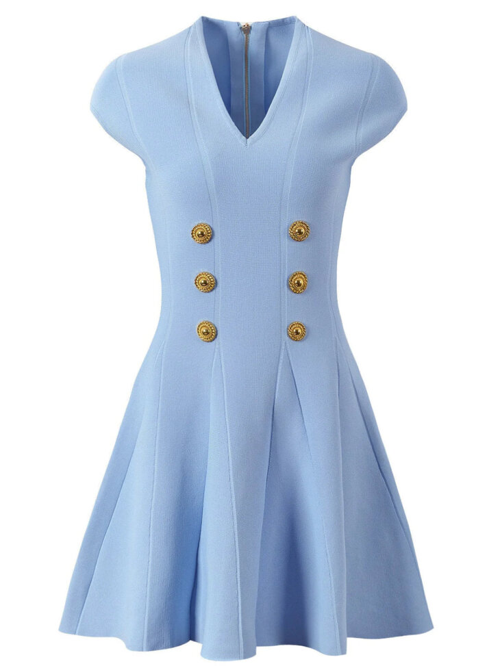 Mini-robe tricotée boutonnée à col en V Tameron en bleu – Image 7