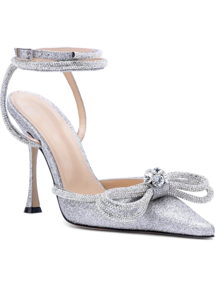 Talons en satin avec cristal et nœud Laila en argent – Image 2