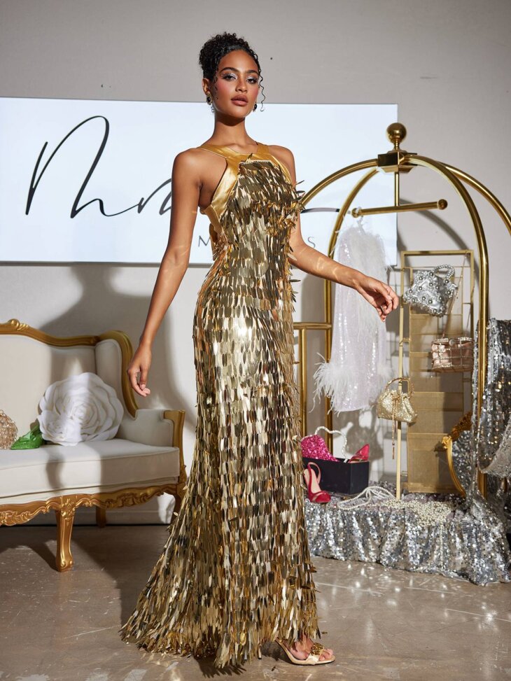 Robe longue à sequins et nœud Leosan
