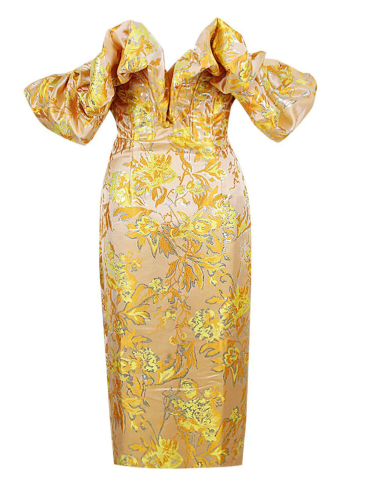 Robe mi-longue en jacquard à épaules dénudées Kore – Image 7