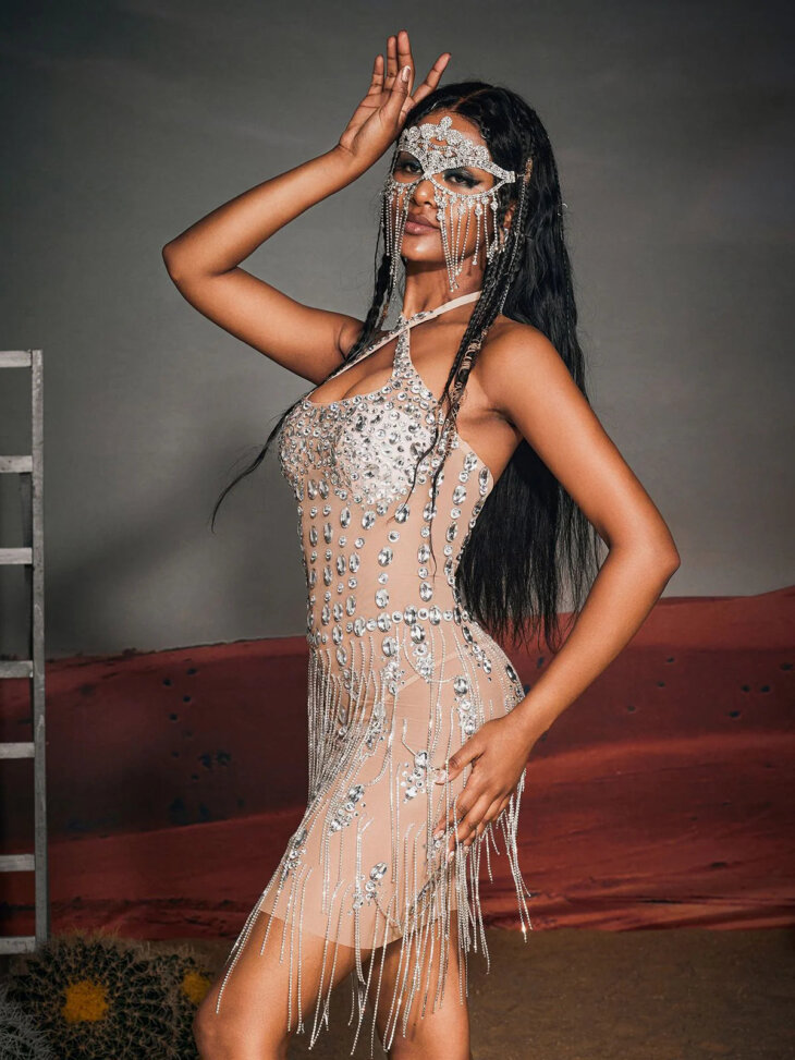 Gregory - Mini-robe dos nu à franges et strass