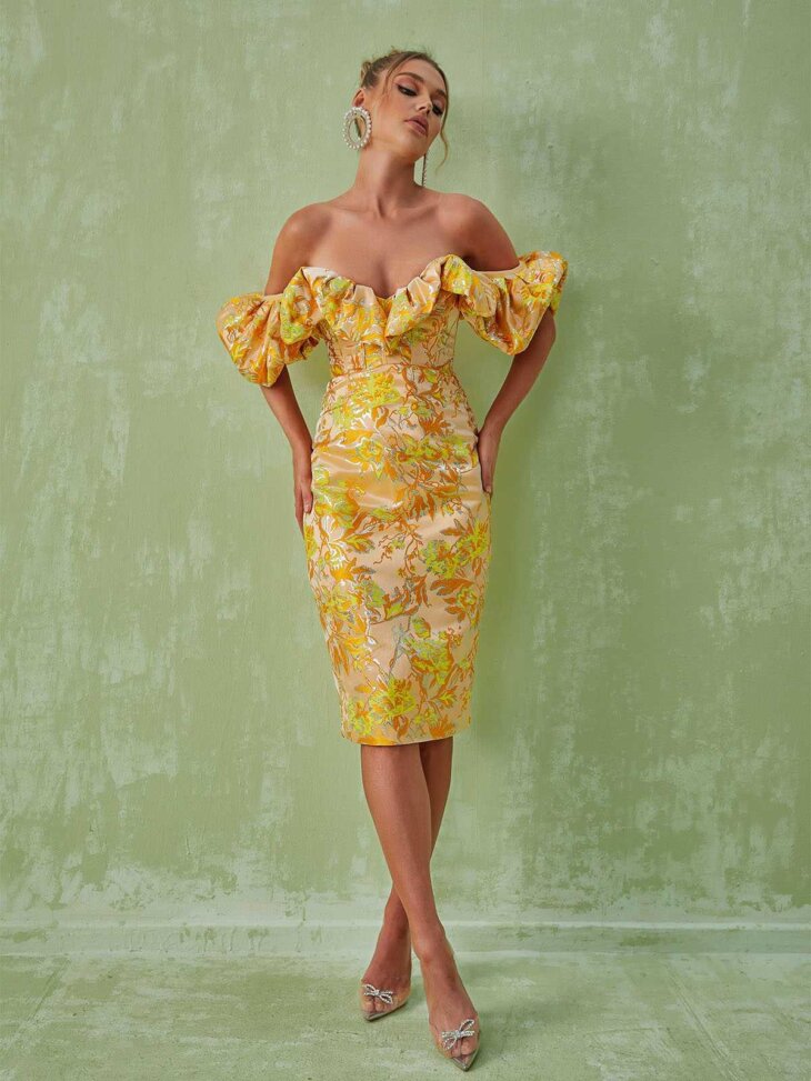 Robe mi-longue en jacquard à épaules dénudées Kore