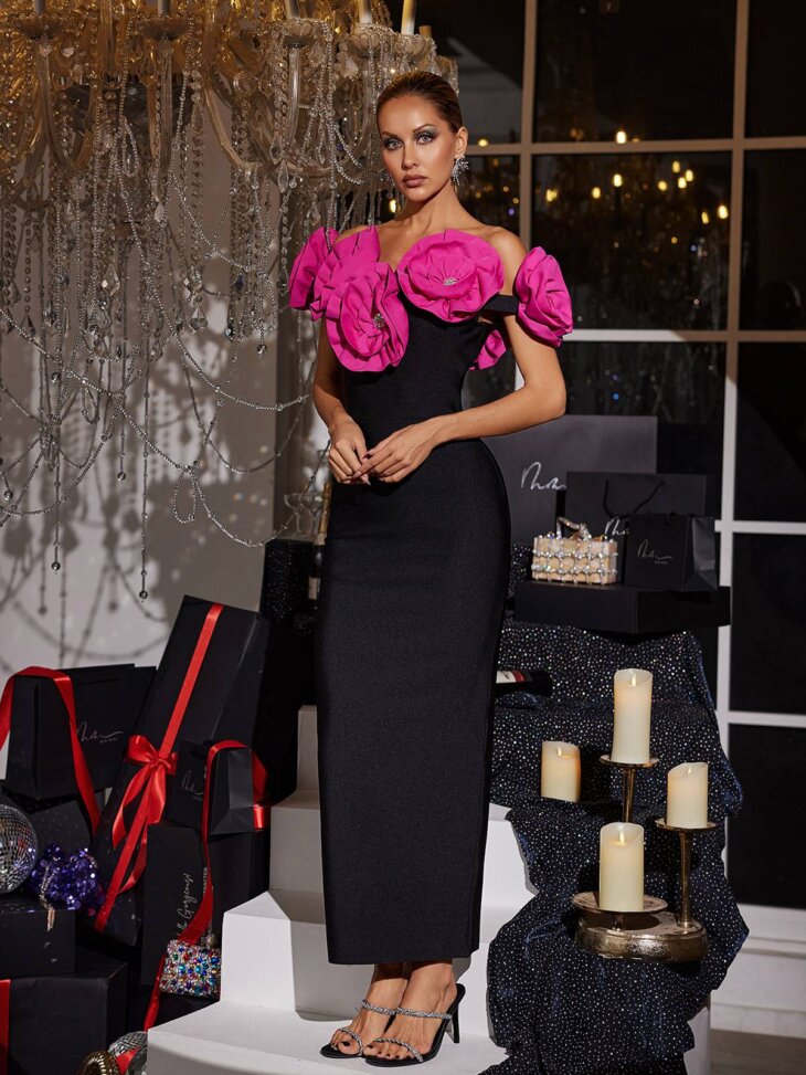 Creed - Robe bandage fleurie à épaules dénudées - Rose vif – Image 4