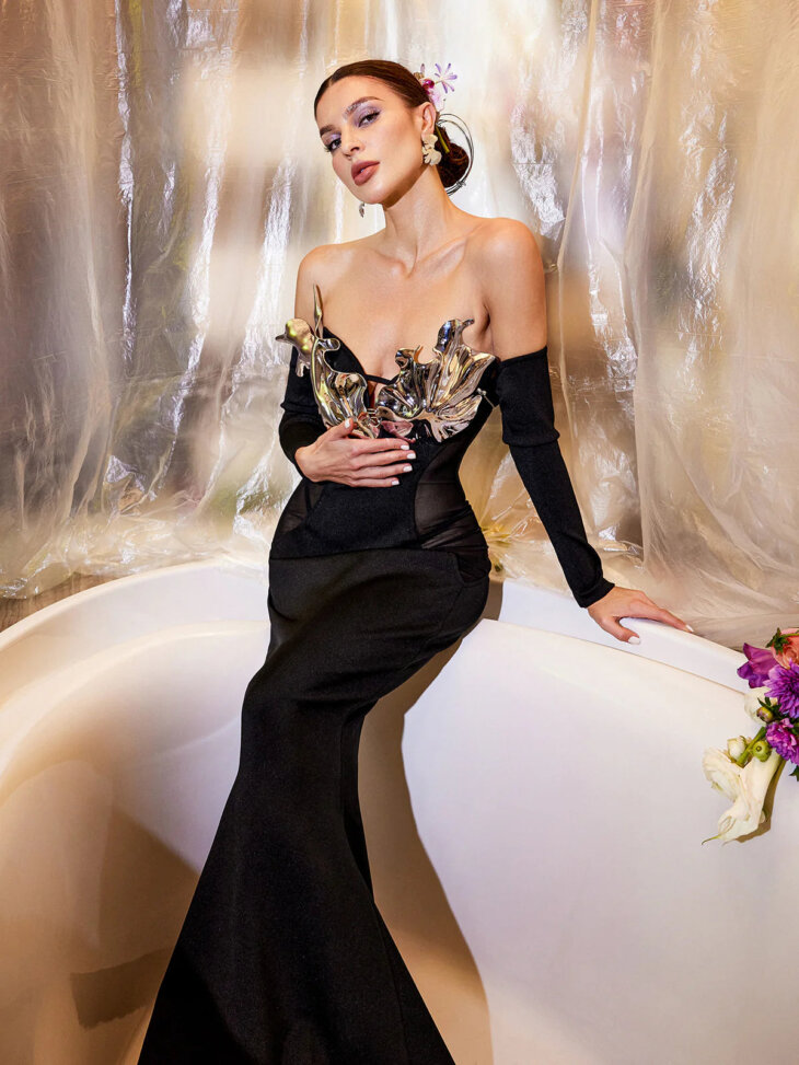 Robe longue bandage sirène à épaules dénudées Tillie – Image 3