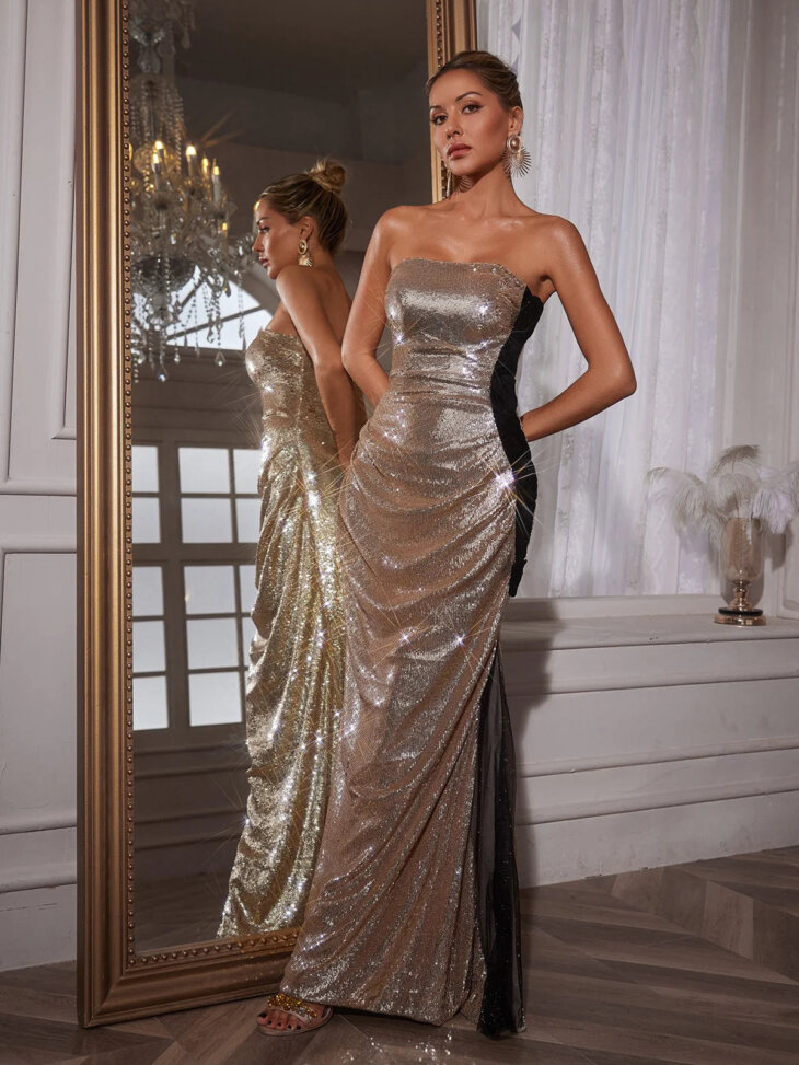 Robe longue sans bretelles en patchwork de fleurs Naja – Image 3