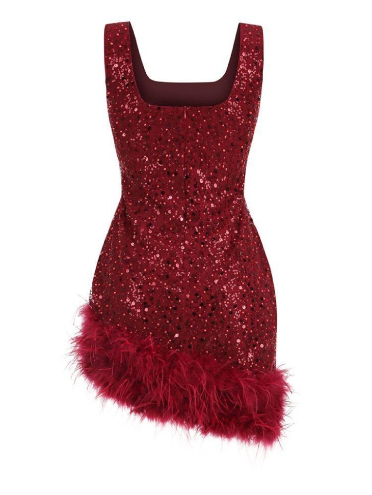 Araluen - Robe courte à plumes et sequins - Vin – Image 8