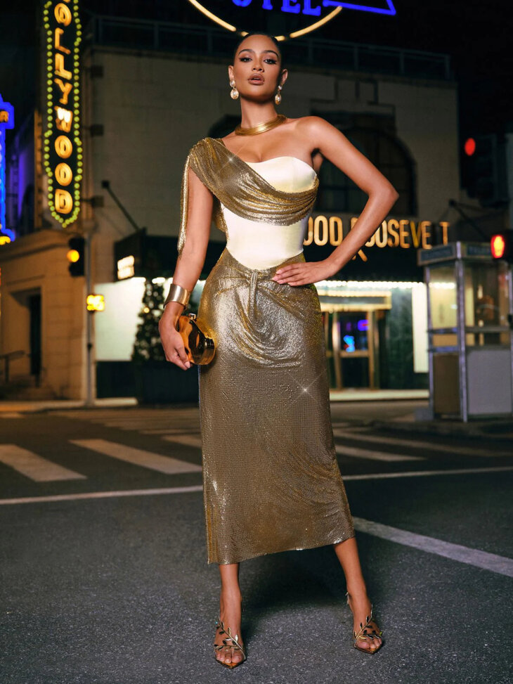 Robe mi-longue en cotte de mailles à une épaule Pavlo – Image 3