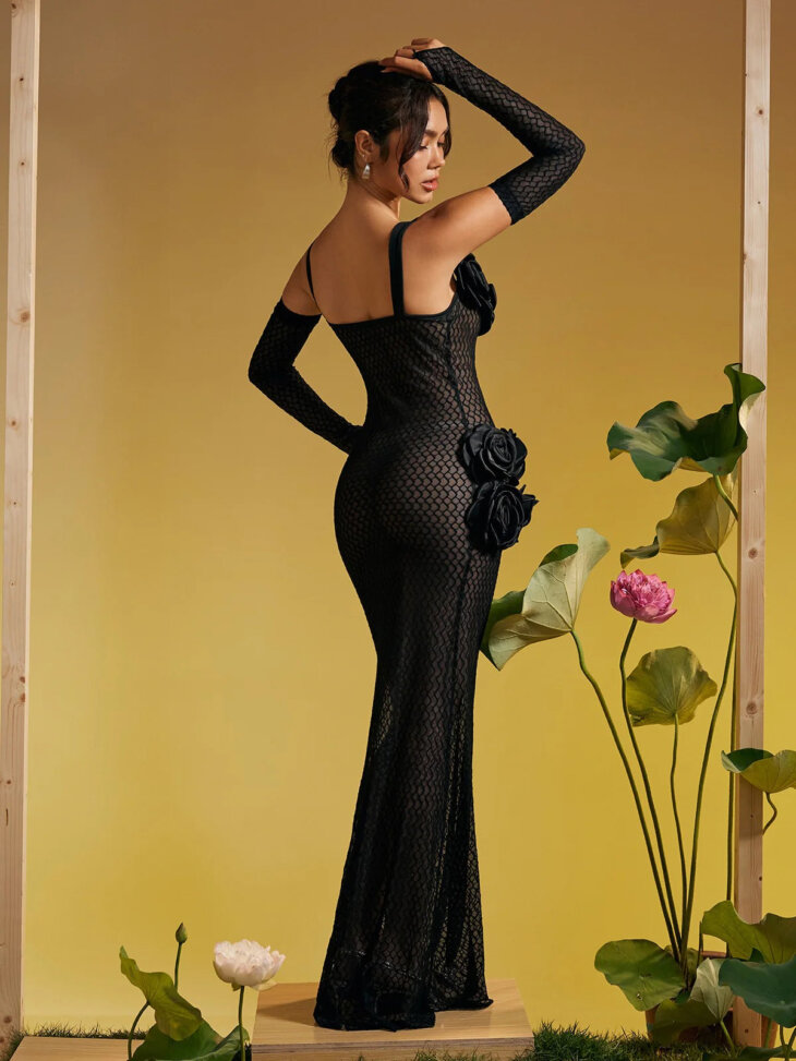 Robe longue Barbara Spaghetti à fleurs creuses – Image 2