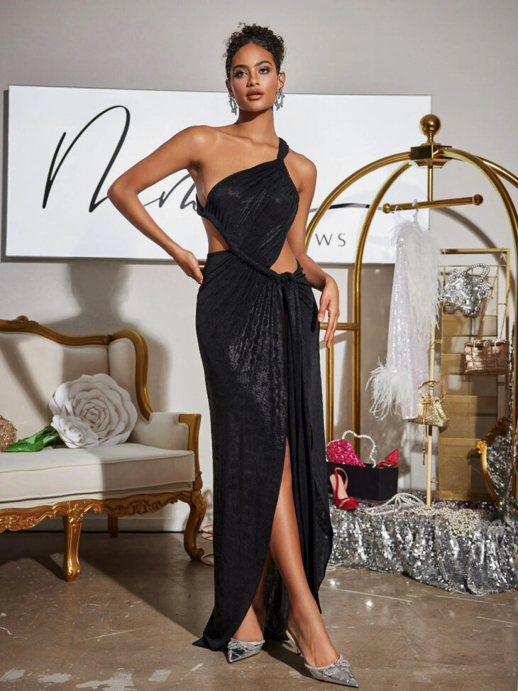 Pietro - Robe métallisée asymétrique à découpe - Noir – Image 5