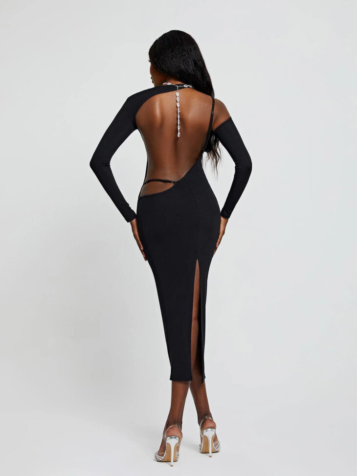Robe mi-longue dos nu à manches longues Dove