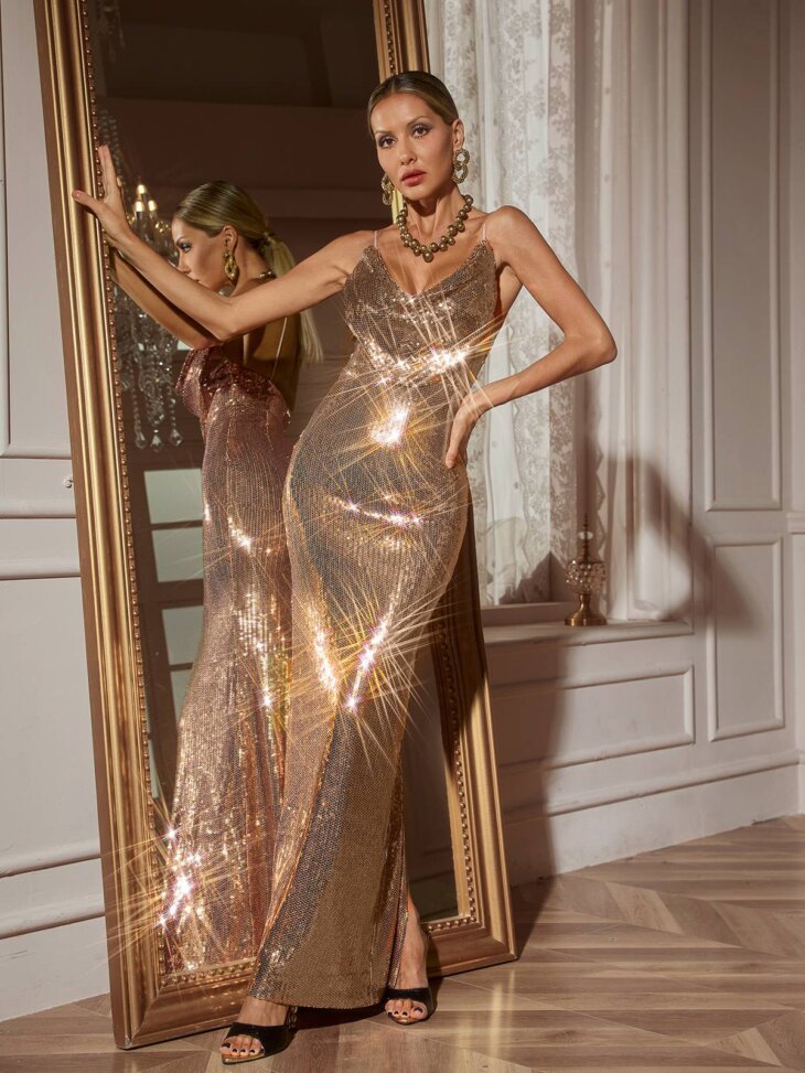 Robe longue à sequins et spaghetti Lloyd – Image 4