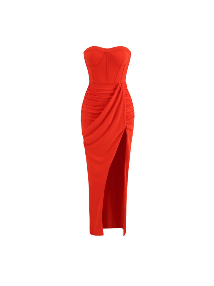 Robe froncée sans bretelles Carew en rouge – Image 4
