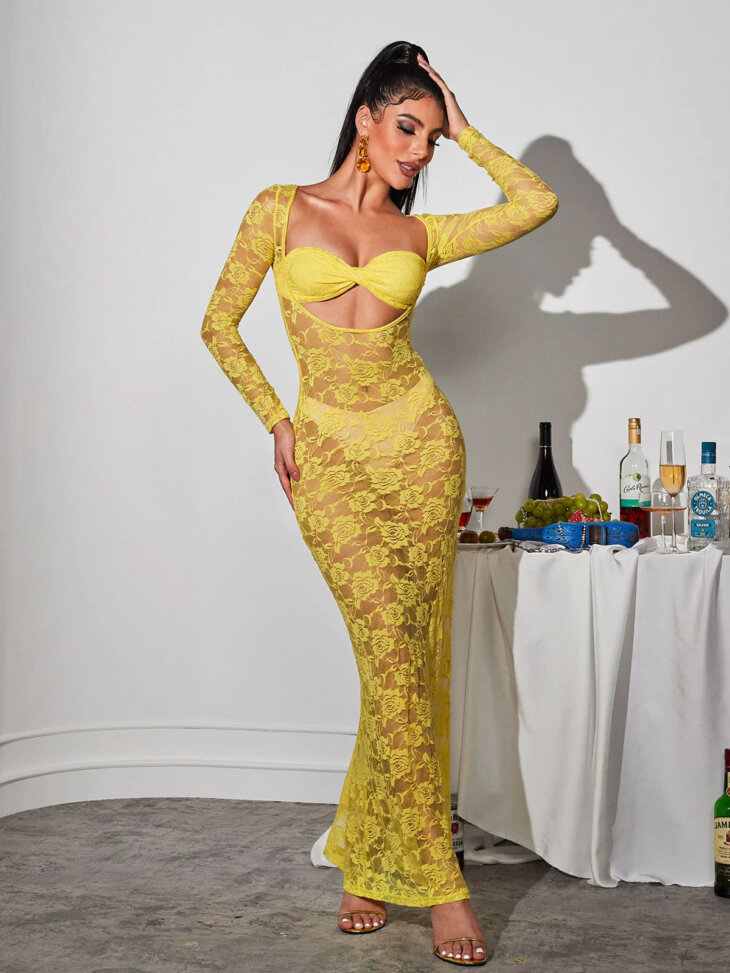 Jerryl - Robe longue en dentelle découpée à manches longues - Jaune