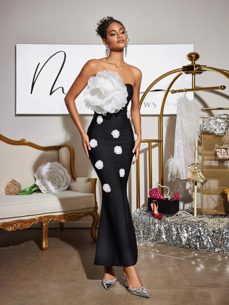Robe longue bandage fleurie sans bretelles Burr