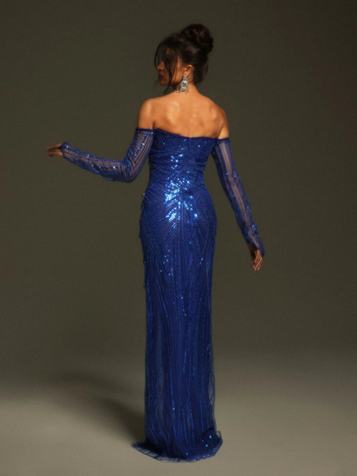 Tavorian - Robe longue fendue à sequins et épaules dénudées – Image 2