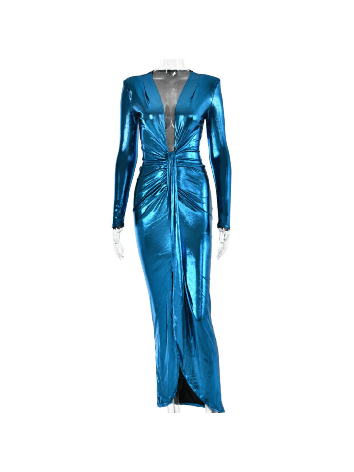 Tressie - Robe métallisée à col en V - Bleu royal – Image 5