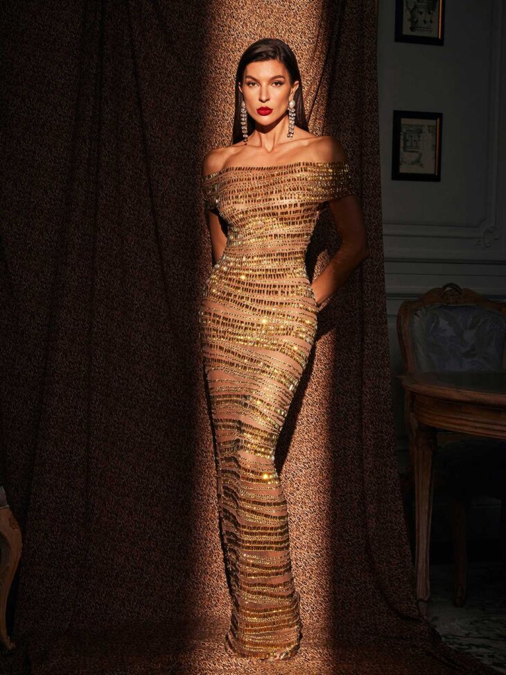 Robe longue en maille strassée à épaules dénudées Eryx