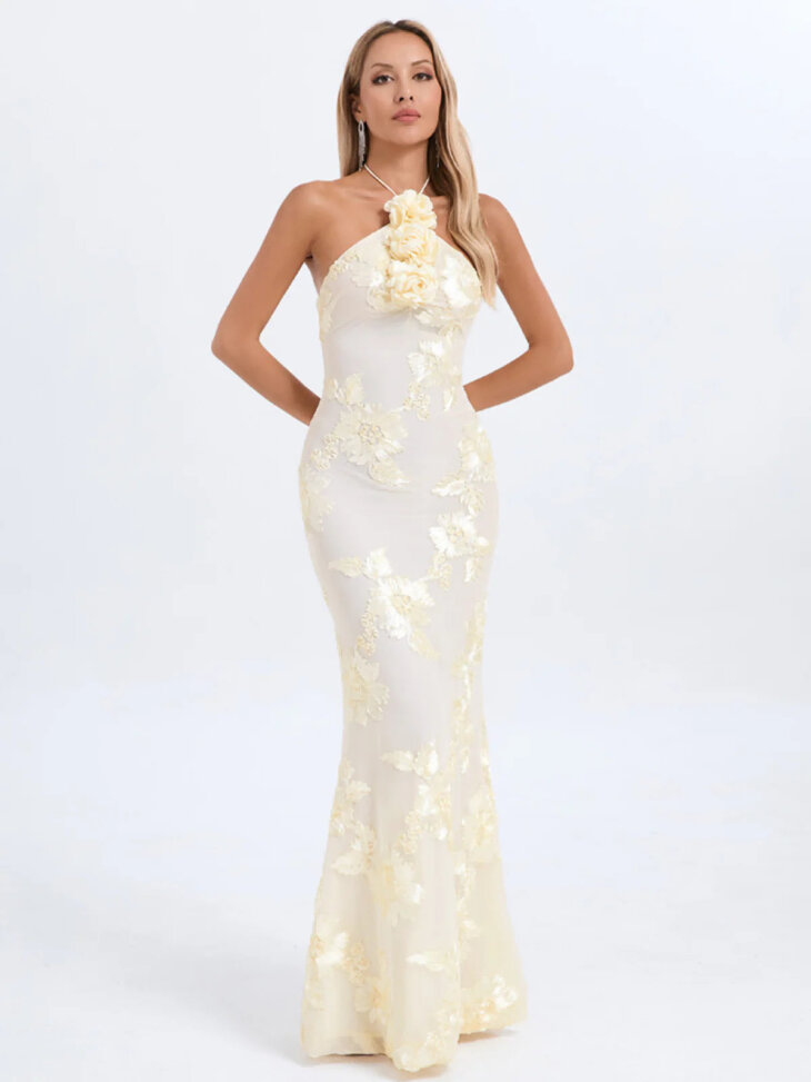 Robe longue fleurie à col licou Aedin – Image 5