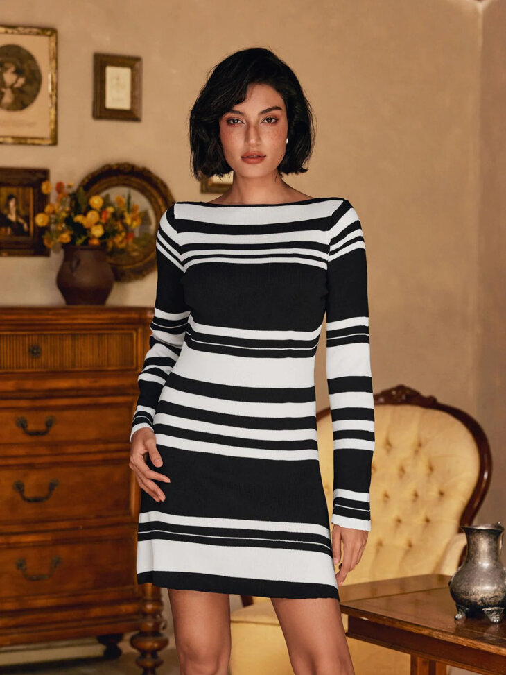 Mini-robe en maille à rayures et manches longues Bertin – Image 4