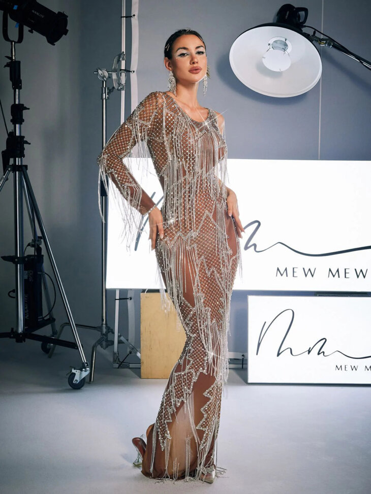 Robe longue imprimée à franges en strass Quentin