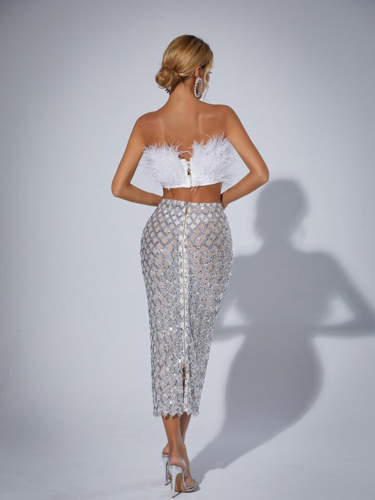 Ansley - Ensemble jupe bustier en plumes en tulle - Blanc – Image 4