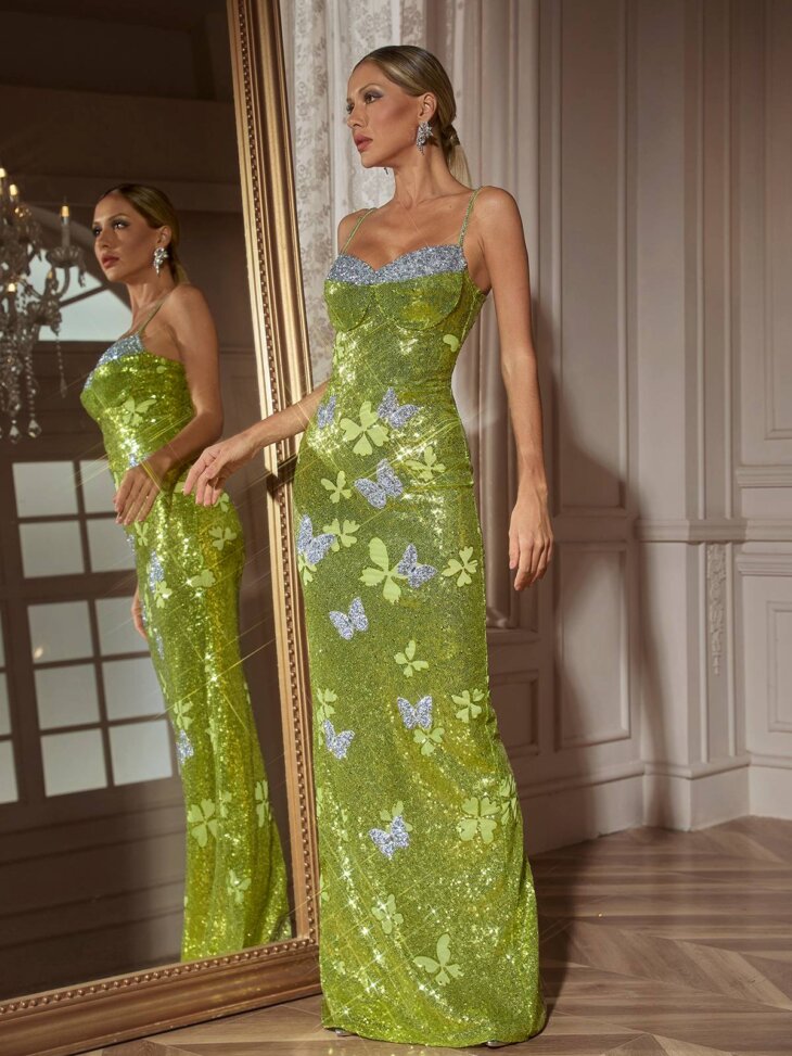 Robe longue à sequins et strass papillon Dayshaun – Image 4