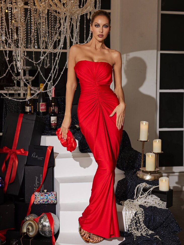 Robe longue bustier froncée en satin Allaire – Image 4