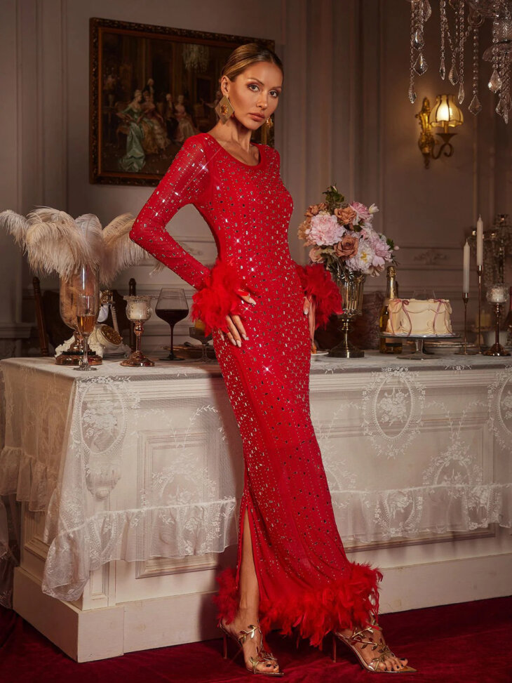 Robe longue en maille à plumes et strass Gaines – Image 3