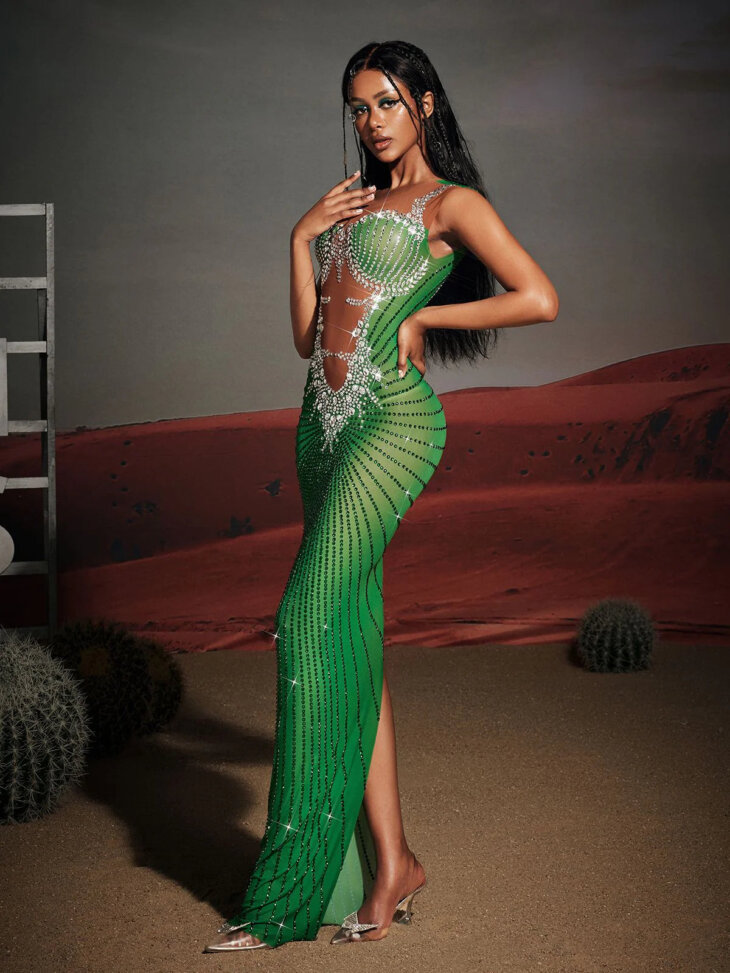 Brody - Robe longue fendue imprimée strass - Vert – Image 3