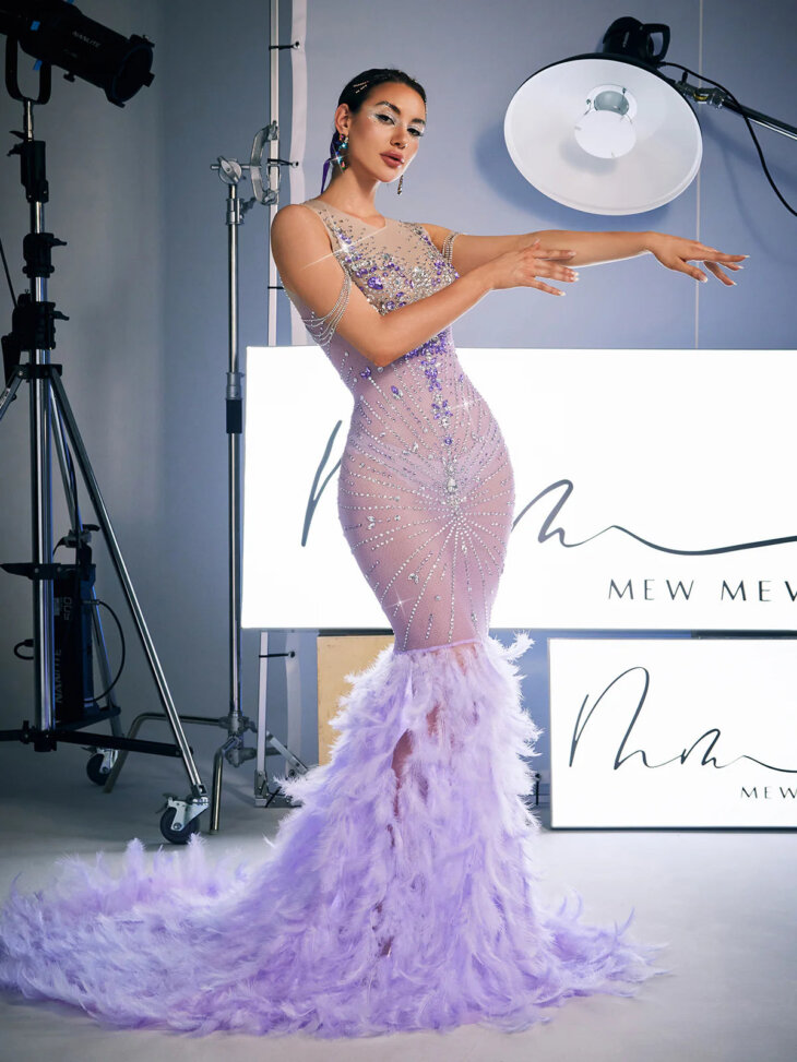 Robe longue à plumes et strass Chaviv – Image 2