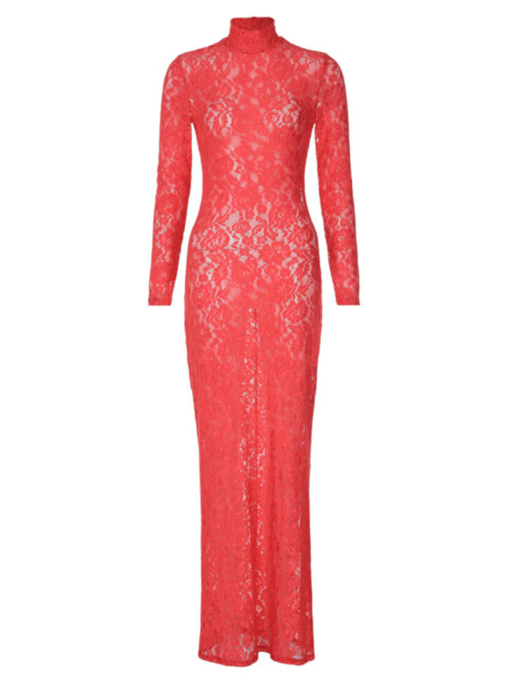 Robe longue en dentelle à manches longues Damien en rouge – Image 6