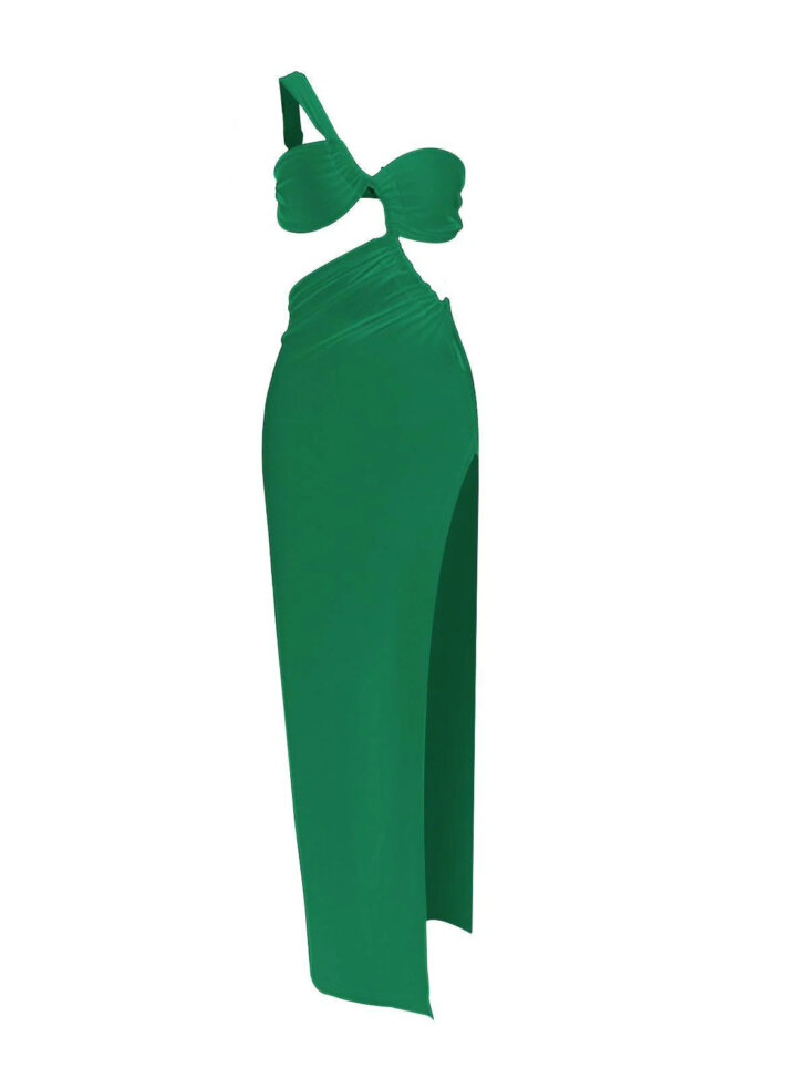 Robe longue découpée à une épaule Berenice en vert – Image 6