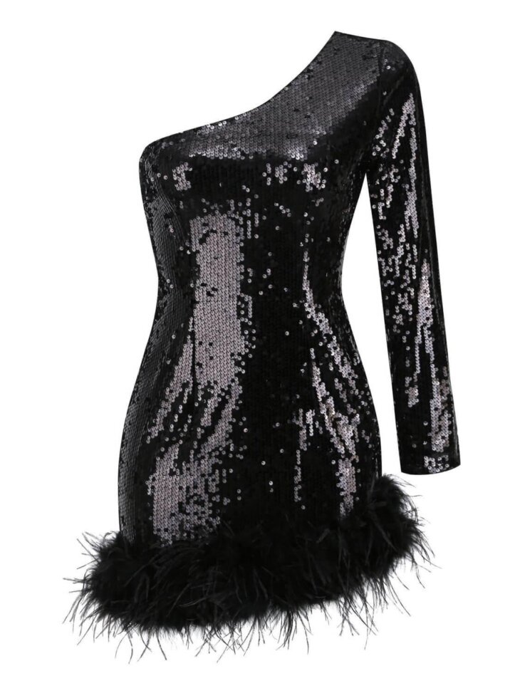Mini-robe asymétrique à plumes et sequins Romy – Image 4
