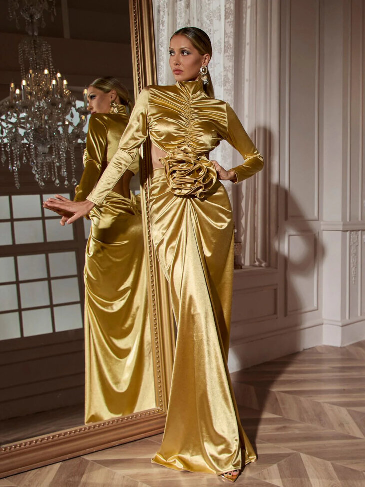 Renwick - Robe longue à manches longues et découpes de fleurs - Doré – Image 6
