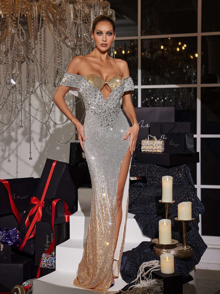 Fawon - Robe longue à sequins et découpes à épaules dénudées – Image 4