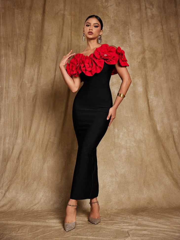 Creed - Robe bandage fleurie à épaules dénudées - Rouge – Image 3