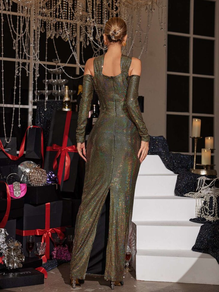 Lowen - Robe longue à sequins et découpes de fleurs - Olive – Image 2