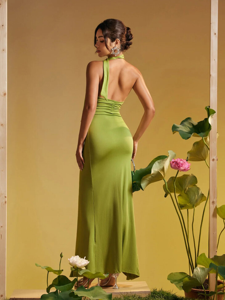 Alara - Robe longue dos nu à volants et fleurs - Vert – Image 2