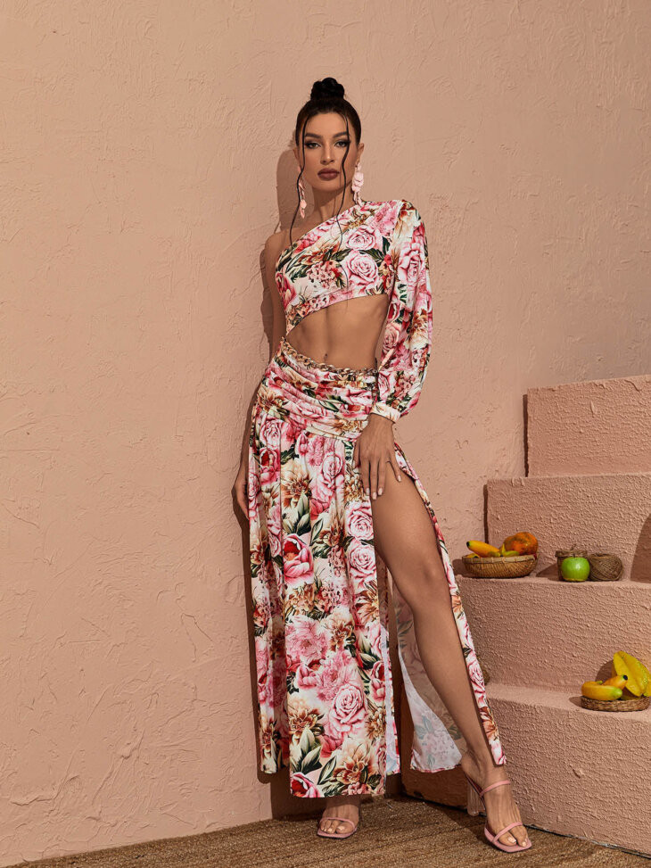 Annabella - Robe longue asymétrique à découpe florale - Rose – Image 3