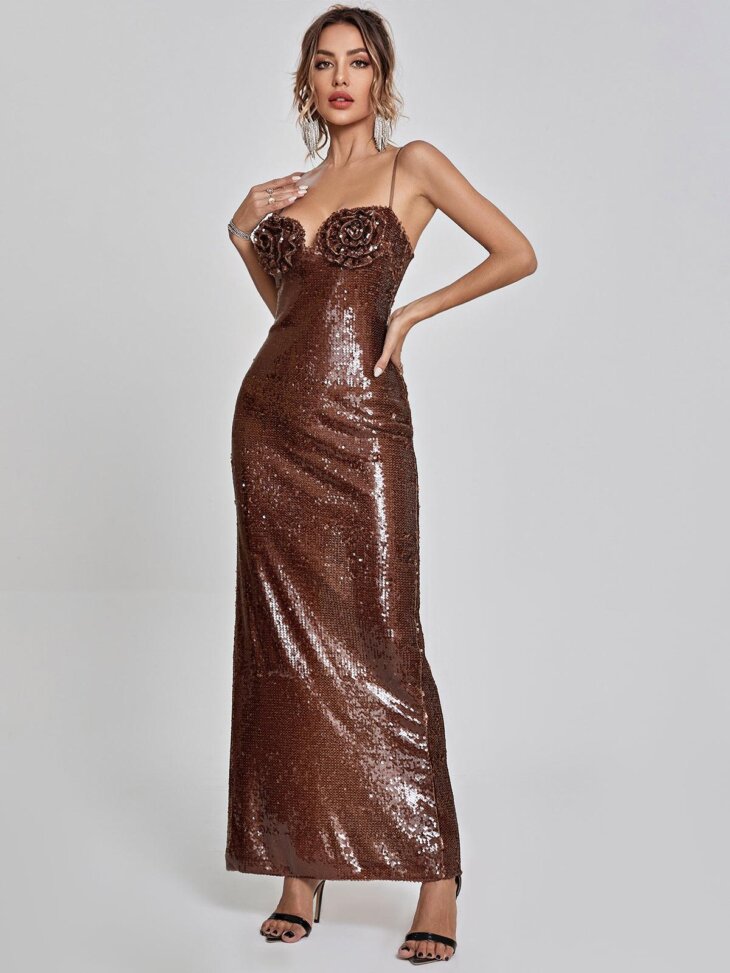Robe Lorelei marron à sequins – Image 4