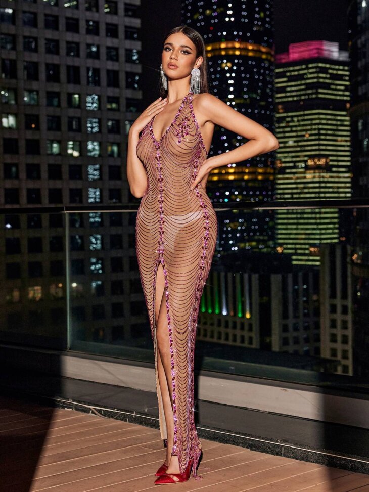 Miracle - Robe longue fendue avec chaîne en cristal et dos ouvert – Image 5