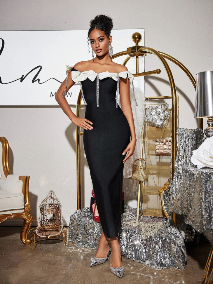 Robe mi-longue bandage à franges et nœud Devrim – Image 3