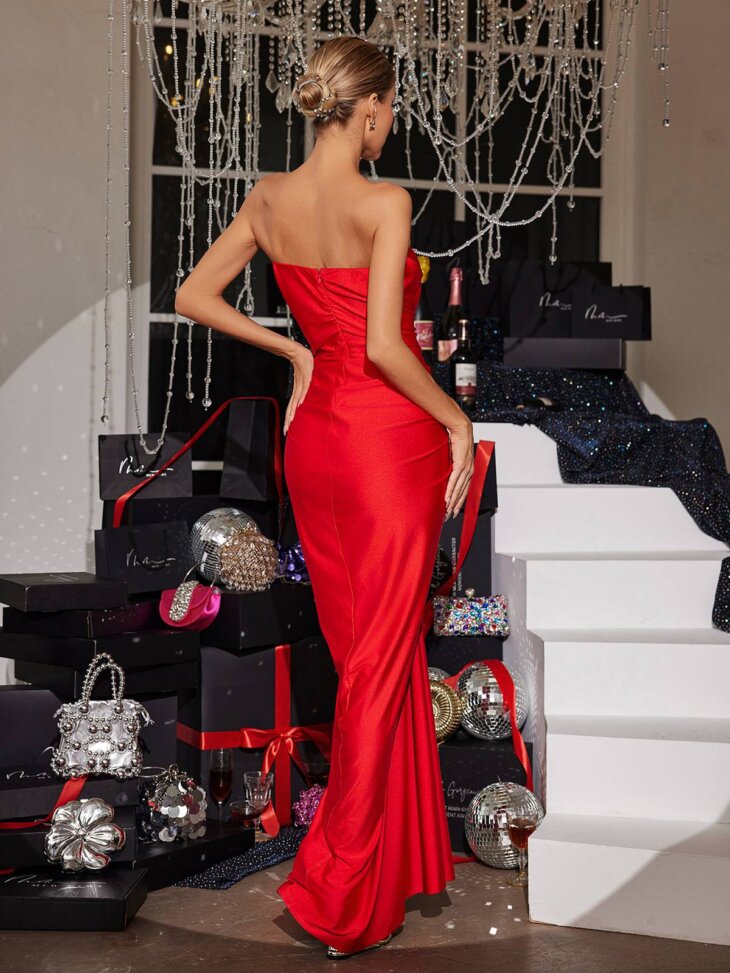Robe longue bustier froncée en satin Allaire – Image 2