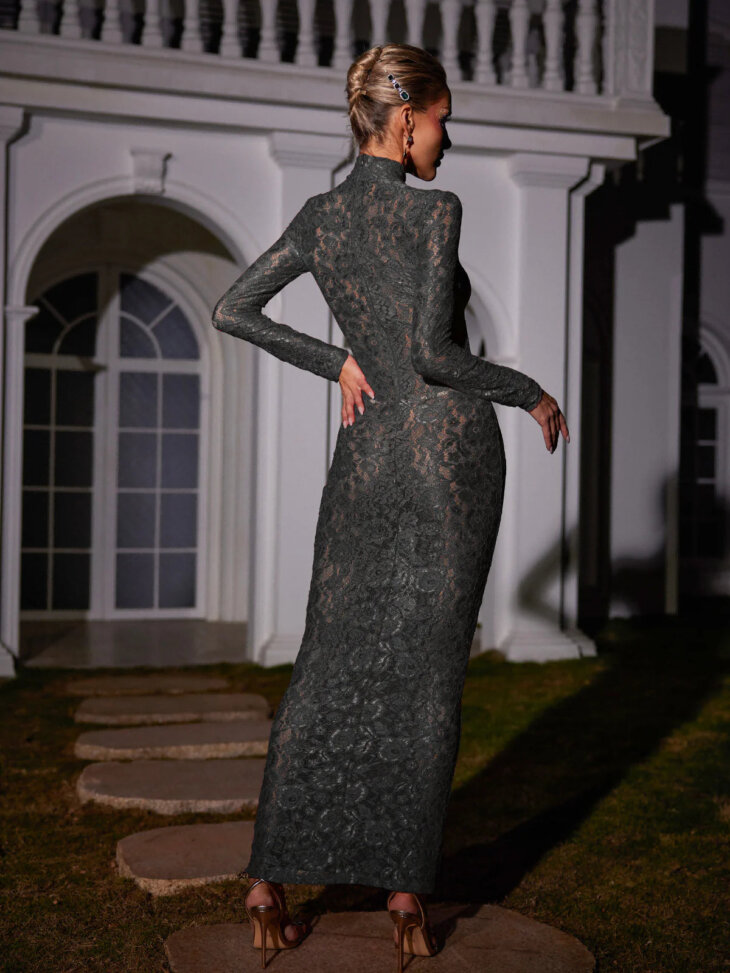 Robe longue en dentelle à manches longues Damien en noir – Image 2