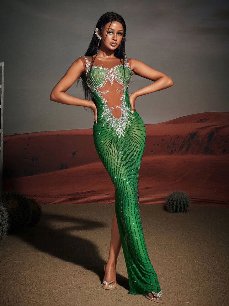 Brody - Robe longue fendue imprimée strass - Vert