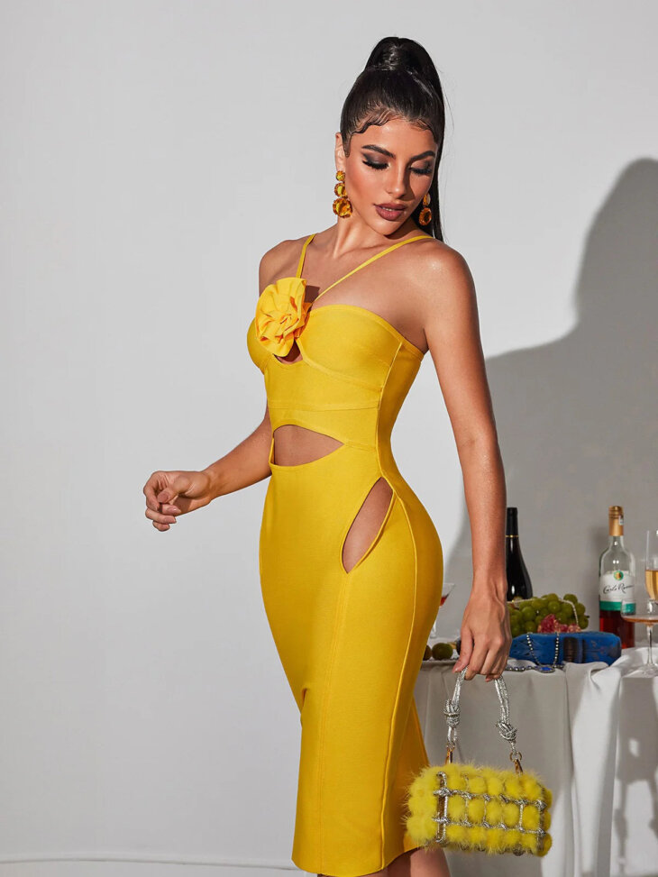 Robe midi bandage à découpes et fleurs Kyen – Image 3