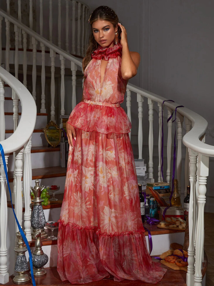 Robe longue fleurie à col licou Pollux